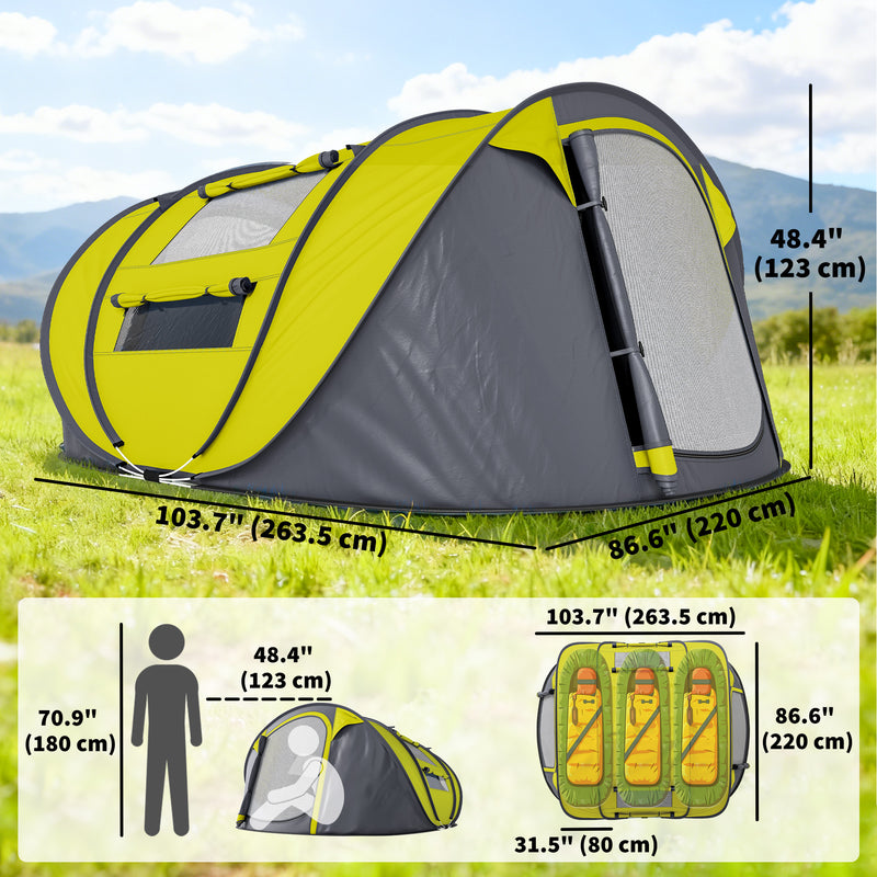Outsunny - 4 Person Camping Tent, Easy Pop Up Tent with Doors, Windows and Carry Bag, Automatic Setup Tent for Hiking, Yellow