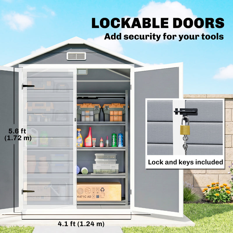 6x4.5FT Plastic Shed, Lockable Garden Tool Storage House with Double Doors and Vent, Grey