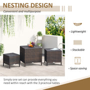 Outsunny - Set of 3 Wicker Nesting Tables Patio Rattan Snack End Side Tables Hand Woven All Weather Garden Outdoor Home Furniture Brown
