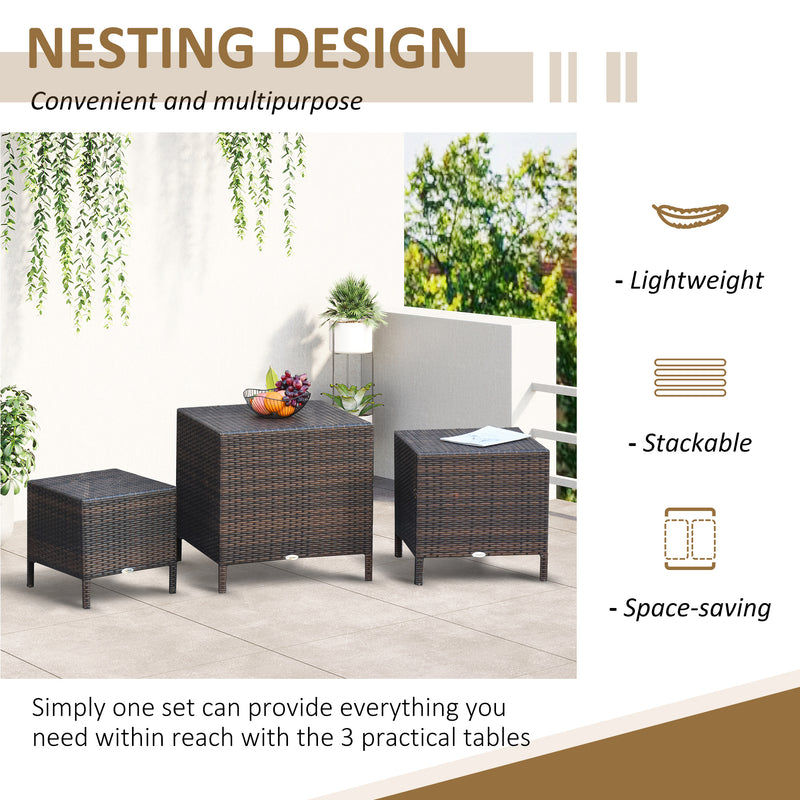 Outsunny - Set of 3 Wicker Nesting Tables Patio Rattan Snack End Side Tables Hand Woven All Weather Garden Outdoor Home Furniture Brown