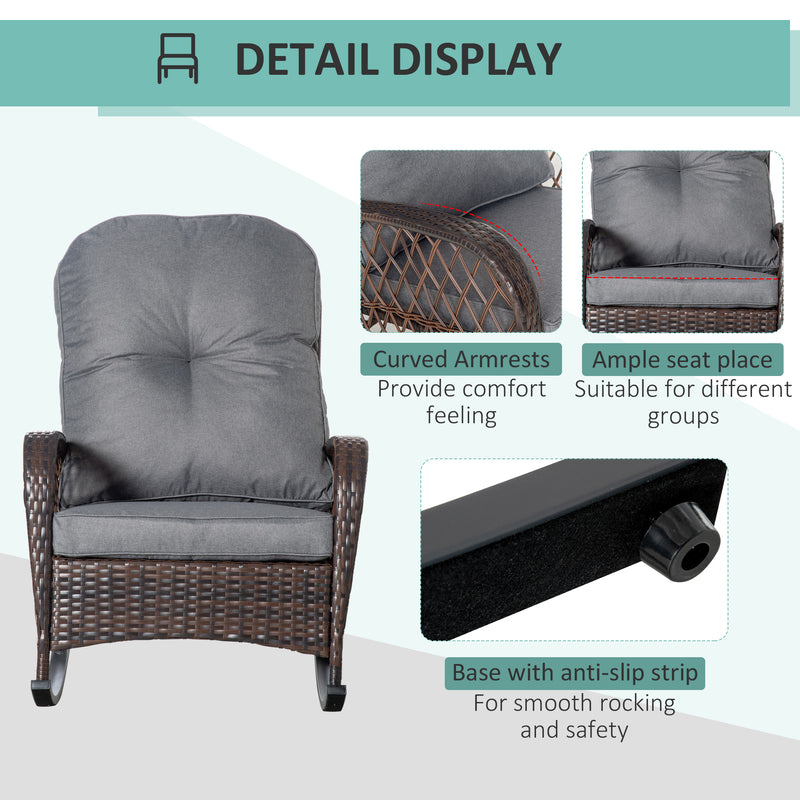 Outsunny - Rattan Rocking Chair, Outdoor Wicker Patio Rocker Chair Furniture with Thick Cushions, for Garden Backyard Porch, Grey