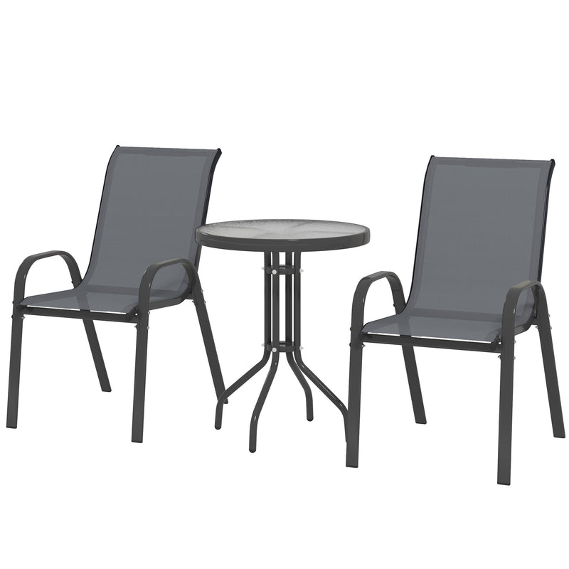 Outsunny - 3 Pieces Bistro Set, Small Patio Furniture Set with Stackable Mesh Chairs, Glass Table for Garden, Balcony, Dark Grey