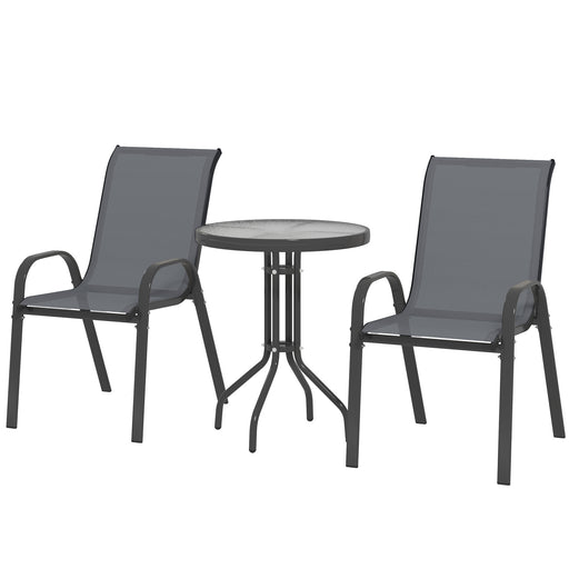 Outsunny - 3 Pieces Bistro Set, Small Patio Furniture Set with Stackable Mesh Chairs, Glass Table for Garden, Balcony, Dark Grey