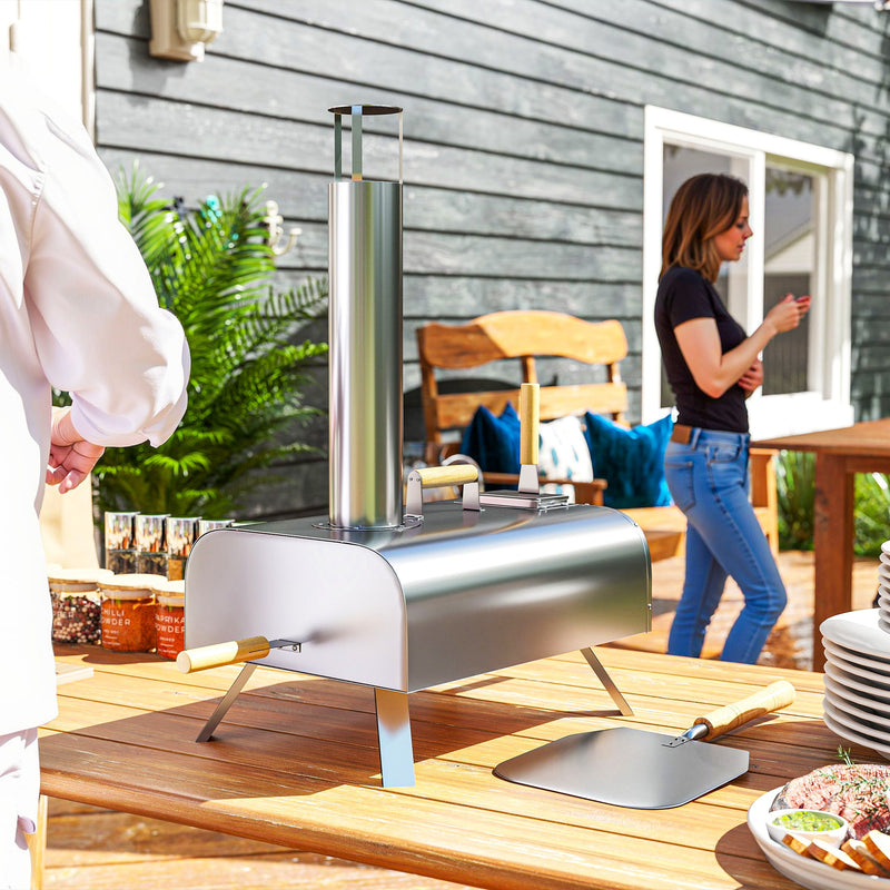 Outsunny - Outdoor Pizza Oven, Portable Wood Pellet Pizza Oven with Pizza Stone and Peel, Foldable Legs, Chimney