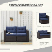 Outsunny - 2 Pieces Patio Furniture Set Outdoor Loveseat Wicker Corner Sofa Set Outdoor Freely Combination PE Rattan Furniture, W/ Curved Armrests & Padded Cushion for Balcony, Garden, Lawn, Dark Blue