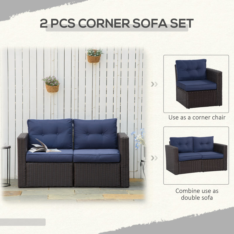 Outsunny - 2 Pieces Patio Furniture Set Outdoor Loveseat Wicker Corner Sofa Set Outdoor Freely Combination PE Rattan Furniture, W/ Curved Armrests & Padded Cushion for Balcony, Garden, Lawn, Dark Blue