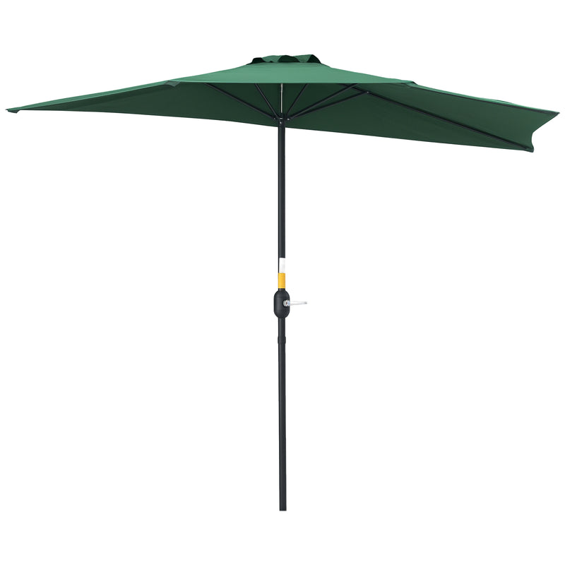 Outsunny - 9ft Half Round Patio Umbrella, Outdoor Market Patio Table Umbrella Parasol with Crank Mechanism, 5 Ribs, Dark Green