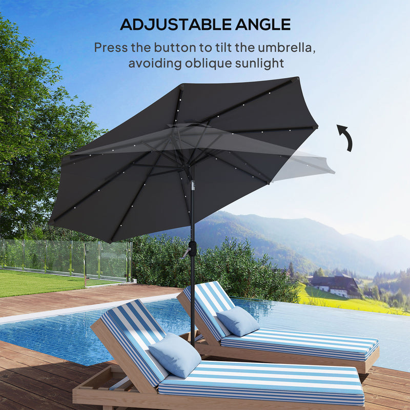 8.8 ft Solar Powered Outdoor Patio Umbrella Round Market Table Umbrella with Adjustable LED Lights Tilt Crank Dark Grey