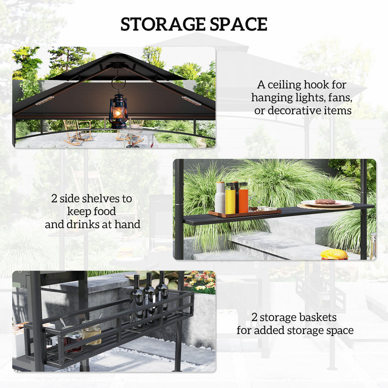 Outsunny - 8' x 5' Barbecue Gazebo, 2-Tier BBQ Gazebo with 2 Side Shelves, Storage Basket, Hanging Hooks, Dark Grey