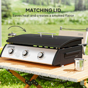Outsunny - Propane Gas Grill with 3 Main Burners, 8530 BTU Outdoor BBQ Grill Cart with Non-Stick Griddle and Lid, Black