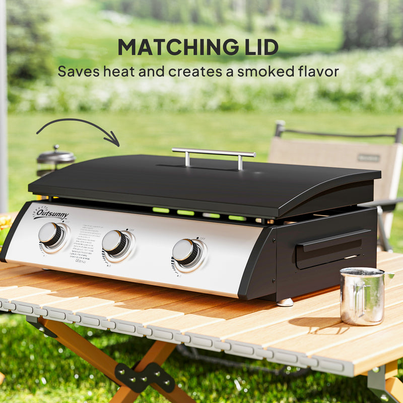 Outsunny - Propane Gas Grill with 3 Main Burners, 8530 BTU Outdoor BBQ Grill Cart with Non-Stick Griddle and Lid, Black