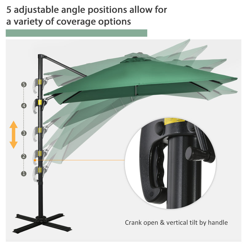 Outsunny - 8' x 8' Square Cantilever Umbrella with 360° Rotation, Aluminum Outdoor Cantilever Market Parasol with Crank & Tilt, Garden Sun Canopy Shelter with Cross Base, Green — 84D-051V00GN
