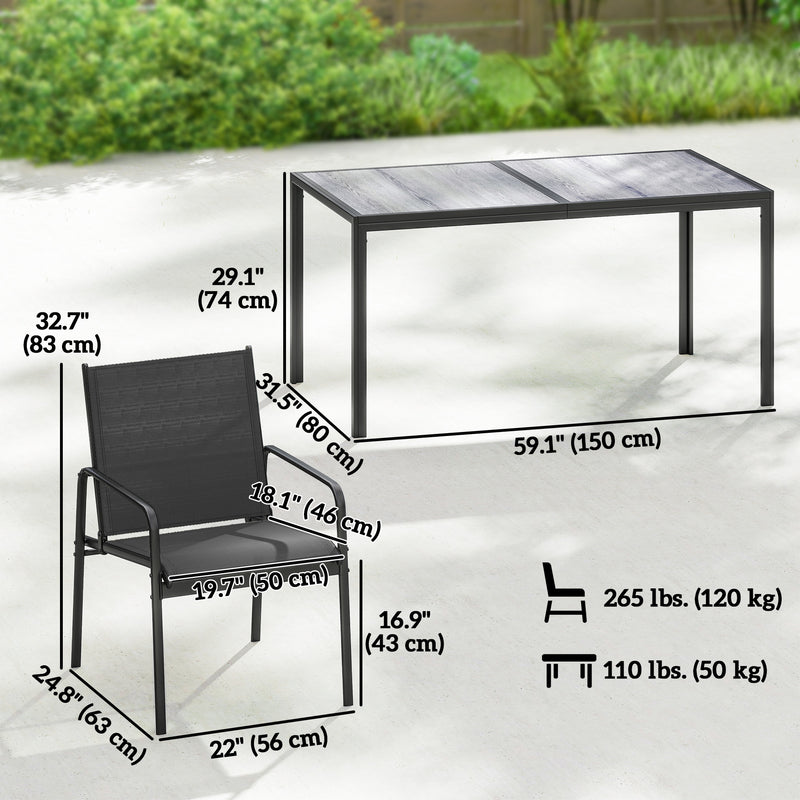 Outsunny - Outdoor Dining Set for 6, Faux Wood Patio Table and Chairs with Breathable Mesh Seat, Galvanized Steel Frame, Black