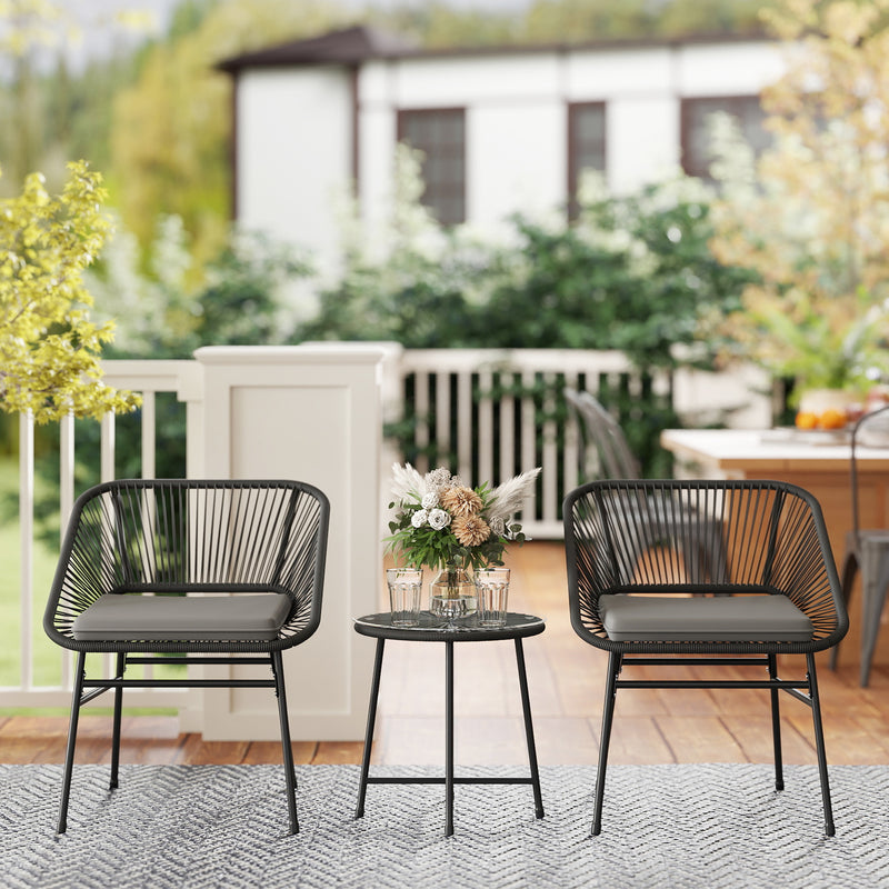 Outsunny - 3 Piece Bistro Set, Wicker Outdoor Patio Furniture Set with Glass Top Table, Cushions for Balcony, Porch, Black