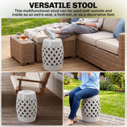 Outsunny - 12.4" x 17.9" Ceramic Garden Stool with Woven Lattice Design, Indoor & Outdoor Decorative Accent Stool, White