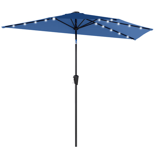 Outsunny - Half Outdoor Patio Umbrella with Solar LED Lights Half Umbrella with Crank 105.1" x 53.5" Navy Blue