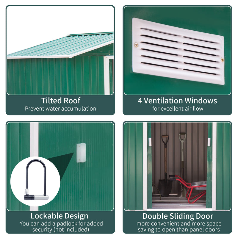 7' x 4' x 6' Garden Storage Shed Outdoor Patio Metal Tool Storage House w/ Foundation Kit and Double Doors Green