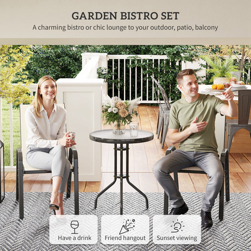 Outsunny - 3 Pieces Bistro Set, Small Patio Furniture Set with Stackable Mesh Chairs, Glass Table for Garden, Balcony, Beige