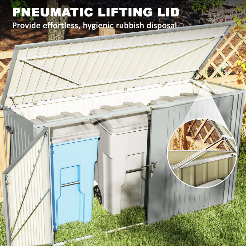 7.6 x 3.4ft Outdoor Storage Shed, 3 Garbage Bin Shed Organizer with Lockable Double Doors, Openable Lid, Silver Grey