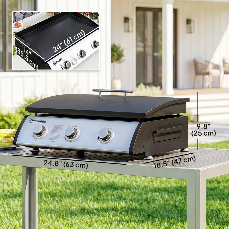 Outsunny - Propane Gas Grill with 3 Main Burners, 8530 BTU Outdoor BBQ Grill Cart with Non-Stick Griddle and Lid, Black