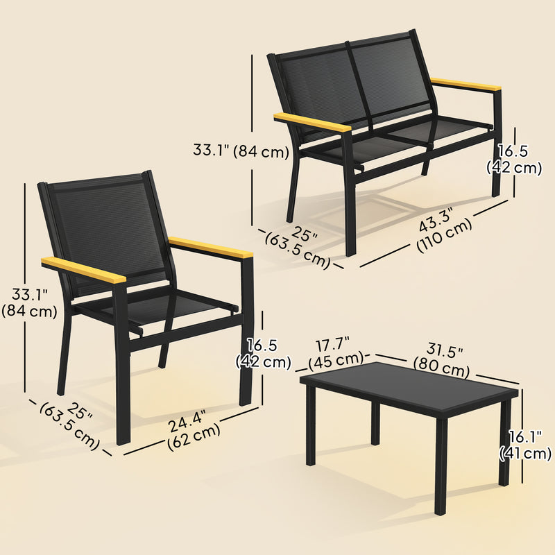 Outsunny - Outdoor 4 Piece Set Patio Furniture with Sofa, Tempered Glass Tabletop for Garden Backyard Porch, Black
