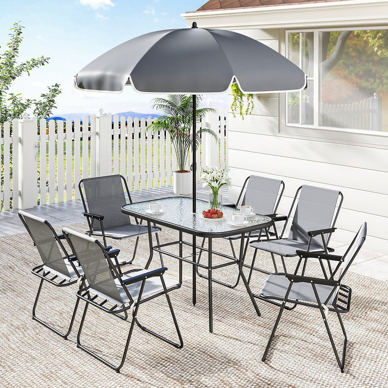Outsunny - 8 Piece Patio Table and Chairs Set with Folding Chairs, Tempered Glass Tabletop and Umbrella for Garden, Grey