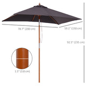 6.6x5ft Square Market Parasol, Wooden Patio Umbrella with Tilt Mechanism and 6 Bamboo Ribs, Garden Sunshade, Dark Grey