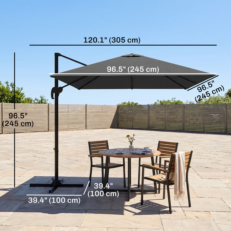 Outsunny - 8' x 8' Square Patio Hanging Offset Umbrella with 360° Rotation, Aluminum Outdoor Cantilever Parasol with Crank & Tilt, Sun Canopy Shelter with Cross Base, Grey — 84D-051V00GY