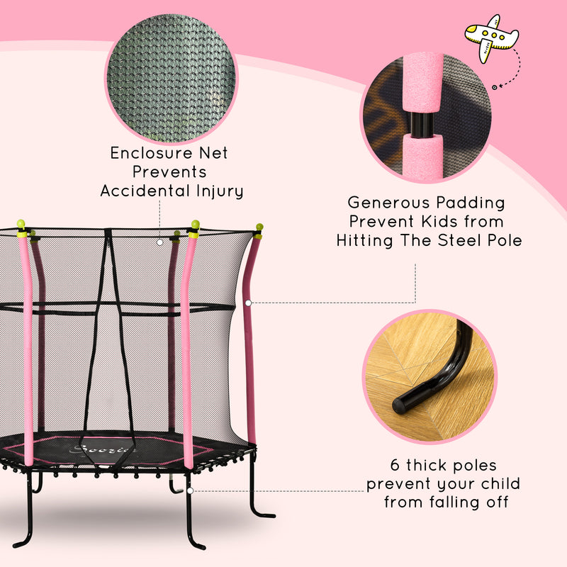 Soozier 63" Kids Trampoline Mini Indoor Bouncer Jumper with Enclosure Net Elastic Thick Padded Pole Gift for 3-6 Years, Pink