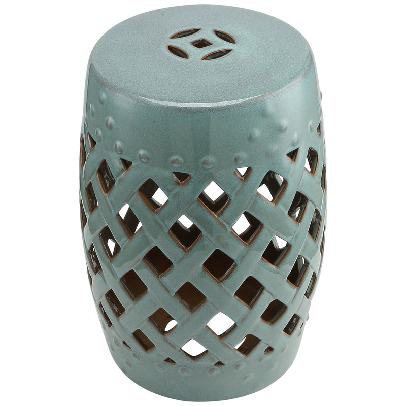 Outsunny - 12.4" x 17.9" Ceramic Garden Stool with Woven Lattice Design, Indoor & Outdoor Decorative Accent Stool, Blue