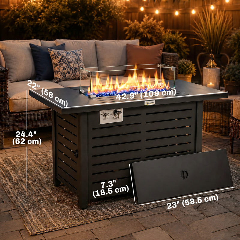 Outsunny - Propane Gas Fire Pit Table, Outdoor Firepit with 43" Steel Tabletop and Lid, 50,000 BTU Pulse Ignition Fire Table w/ Stainless Steel Burner, Glass Wind Guard, and Cover