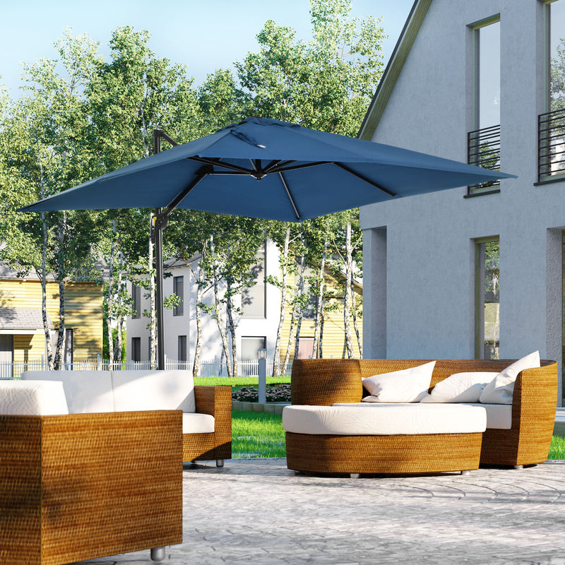 Outsunny - 8' x 8' Square Patio Hanging Offset Umbrella with 360° Rotation, Aluminum Outdoor Cantilever Parasol with Crank & Tilt, Sun Canopy Shelter with Cross Base, Dark Blue — 84D-051V00DB