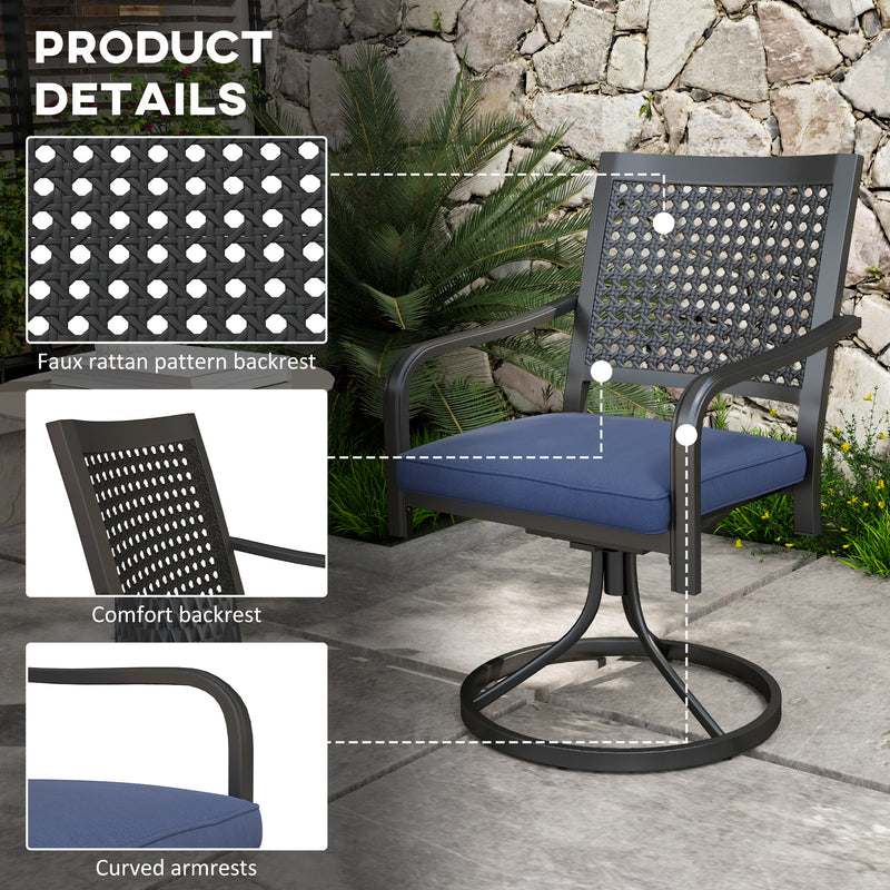 Outsunny - 2 Pieces Patio Swivel Chairs with Cushion, Outdoor Swivel Rocker with Curved Armrests, Backrest for Garden, Balcony, Porch, Navy Blue