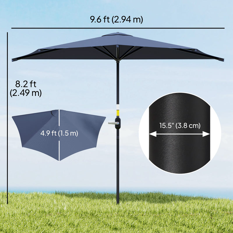 Outsunny - 9.8ft Half Umbrella Semi Round Patio Parasol with Crank Handle, Top Vent for Garden, Balcony - NO BASE INCLUDED, Dark Blue — 84D-008V00DB