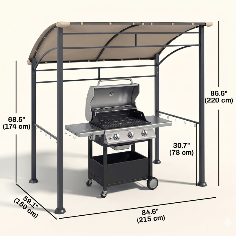 Outsunny - 7' x 5' BBQ Grill Gazebo Tent, Garden Grill Canopy with Steel Frame and Hooks, Outdoor Sun Shade, Khaki