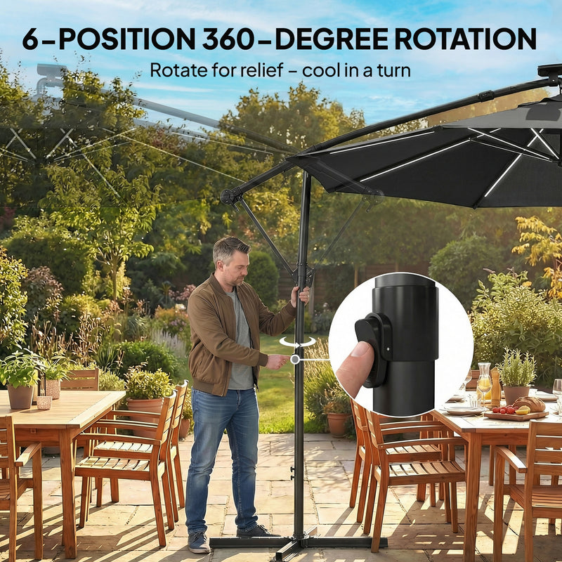 10 ft Offset Patio Umbrella with Solar Light, Garden Hanging Parasol with 360° Rotation, Tilt, Cover, Black