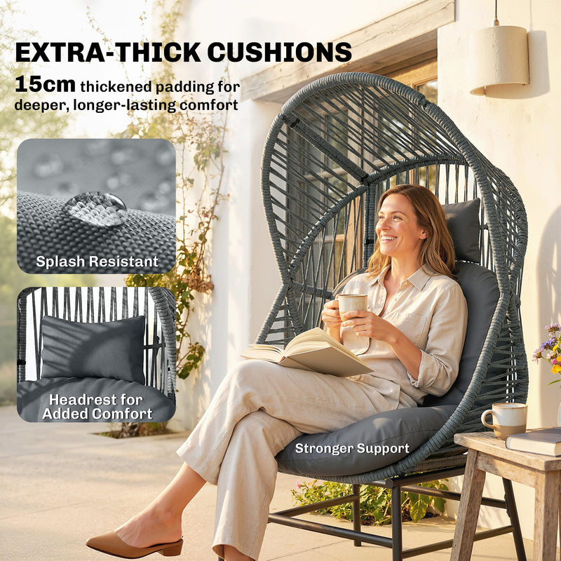 Outsunny - Wicker Egg Chair, 330 lbs Outdoor Rattan Lounge Chair with Thick Cushion, Headrest, Steel Frame, Dark Grey
