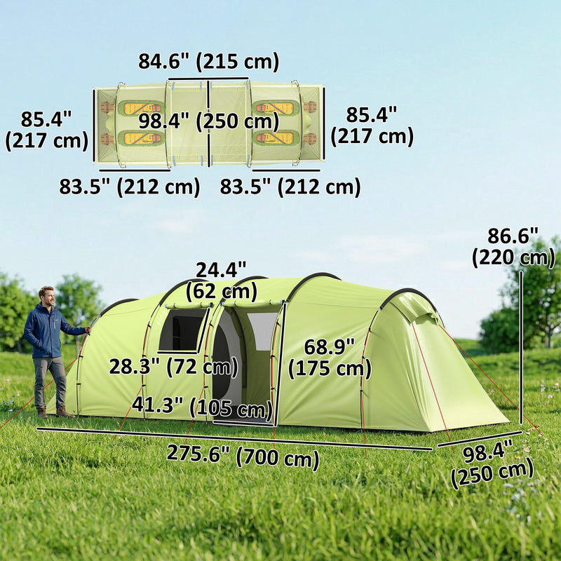 Outsunny - 6 Person Camping Tent with Porch, Large Family Tent with 2 Bedroom and Living Room, Light Green