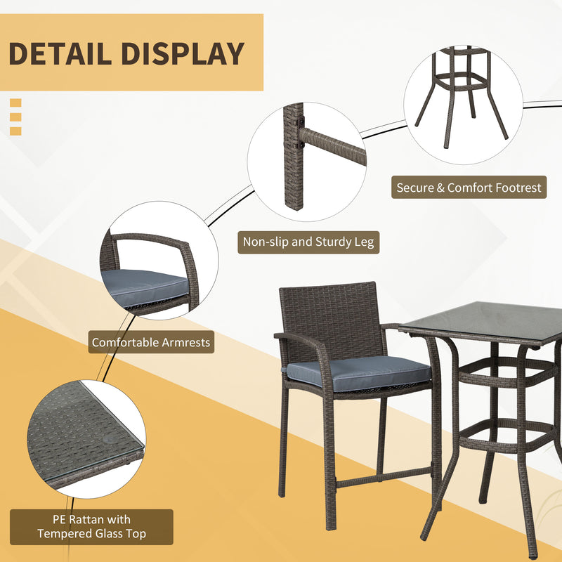 Outsunny - 3 Pieces Patio Bar Set Wicker Garden Bistro Set Outdoor Furniture PE Rattan Table and Stools with Seat Cushion, Grey