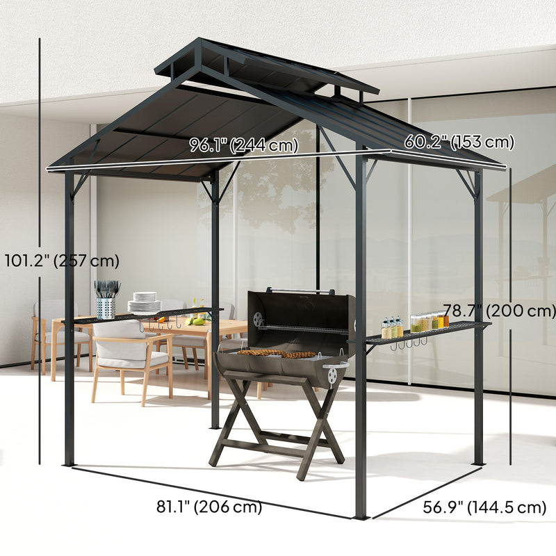 Outsunny - 8 x 5ft Hardtop Grill Gazebo with Double Metal Roof, 2 Side Shelves and 10 Hooks for Patio Backyard Lawn Deck