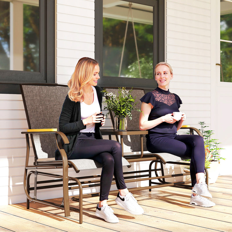Outsunny - Outdoor 2-Person Glider Bench, Outside Swing Glider Chair Loveseat with Breathable Mesh, Table, Steel Frame