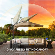 9.7 ft Cantilever Patio Umbrella with Solar Light, Garden Hanging Parasol with Cover, Tilt, Crank, Khaki