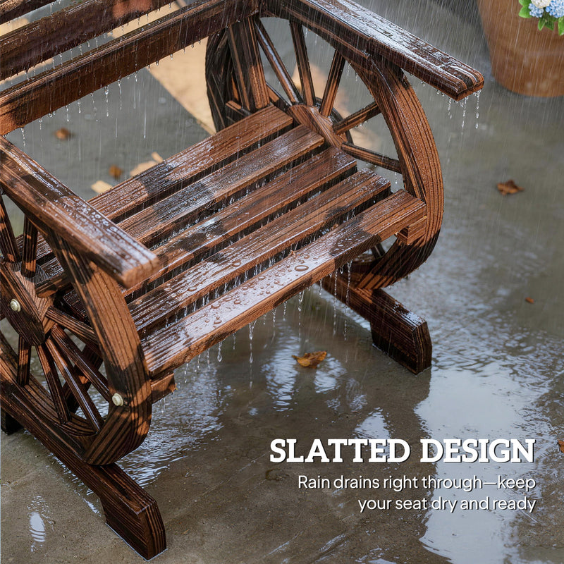 Outsunny - Wood Outdoor Patio Chair, Lounge Chair with Wagon Wheel Armrests, Slatted Wide Seat, Slanted Backrest, Carbonized
