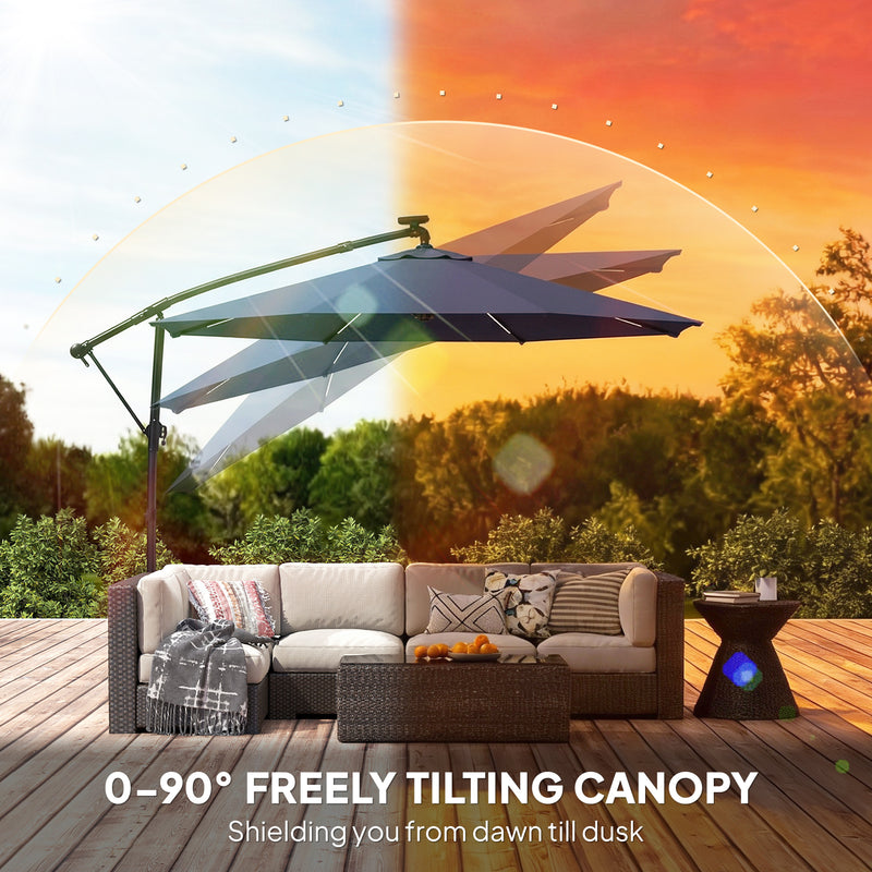 10 ft Offset Patio Umbrella with Solar Light, Garden Hanging Parasol with 360° Rotation, Tilt, Cover, Navy Blue