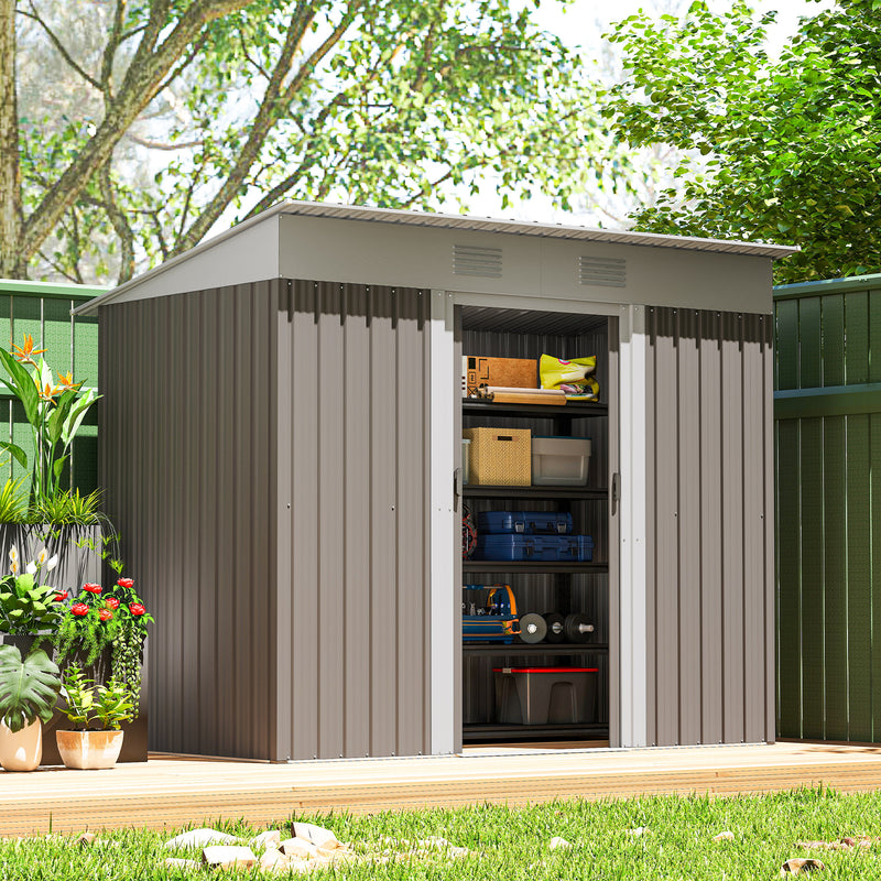 7' x 3.6' Outdoor Storage Shed, Metal Garden Tool Storage House Organizer with Lockable Sliding Doors and Vents for Backyard Patio Lawn, Light Grey