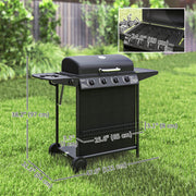Outsunny - 4+1 Burner Propane Gas BBQ Grill, Portable Gas Barbecue Grill with Side Burner, Thermometer, Lid, Side Table, Shelf, Spice Rack, Wheels, Grease Cup for Garden, Black