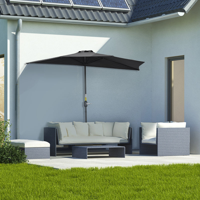 Outsunny - 9.8ft Half Umbrella Semi Round Patio Parasol with Crank Handle, Top Vent for Garden, Balcony - NO BASE INCLUDED, Black — 84D-008V00BK