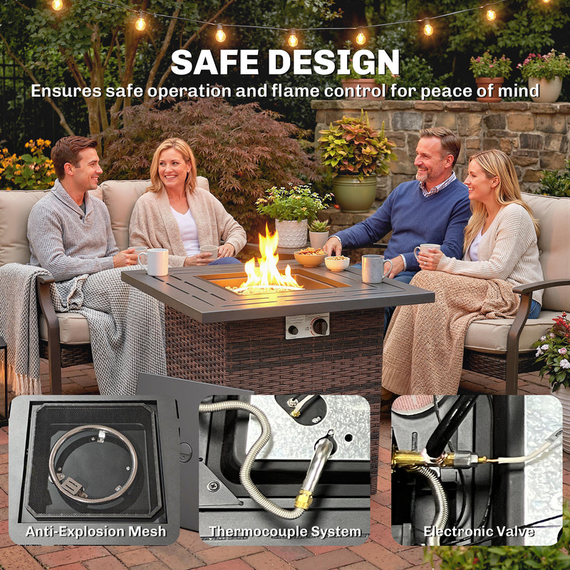 Outsunny - Propane Fire Pit Table, 28 Inch 40,000 BTU Square Rattan Fire Table with Lava Rock, Pulse-Ignition Wicker Gas Fire Pit