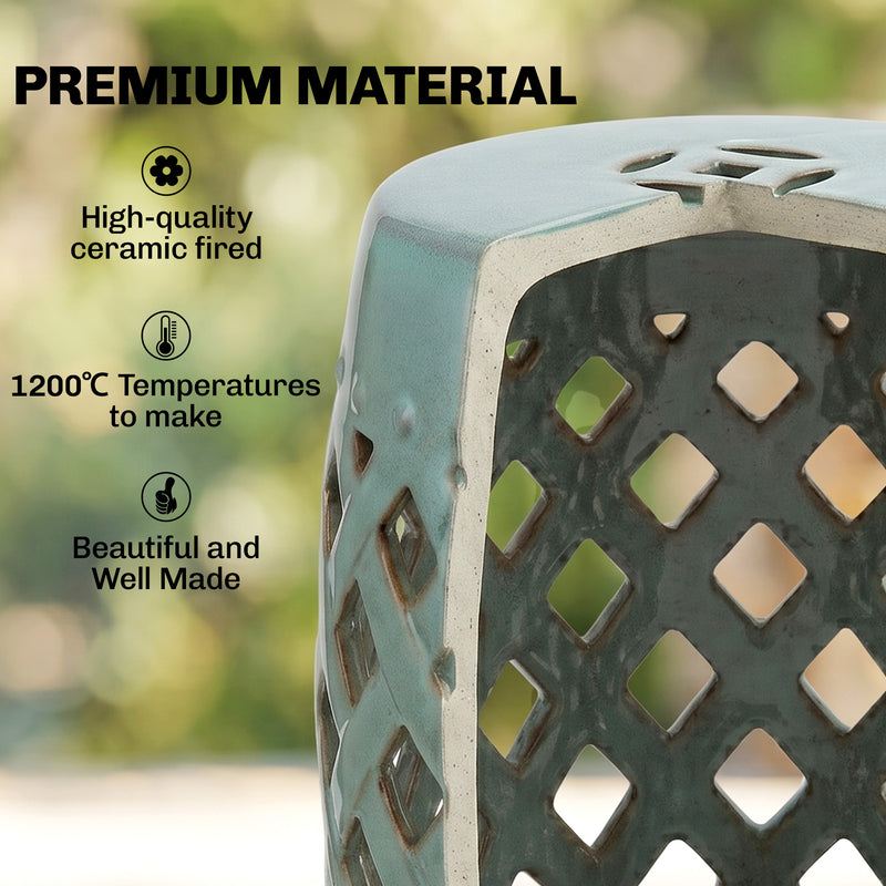 Outsunny - 12.4" x 17.9" Ceramic Garden Stool with Woven Lattice Design, Indoor & Outdoor Decorative Accent Stool, Blue