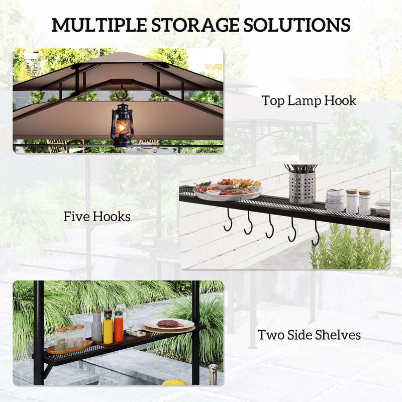 Outsunny - 8' x 7.6' Grill Gazebo, Double Tiered Barbecue Grill Gazebo Shelter w/ Side Awning, 2 Side Shelves, 6 Hooks, Brown